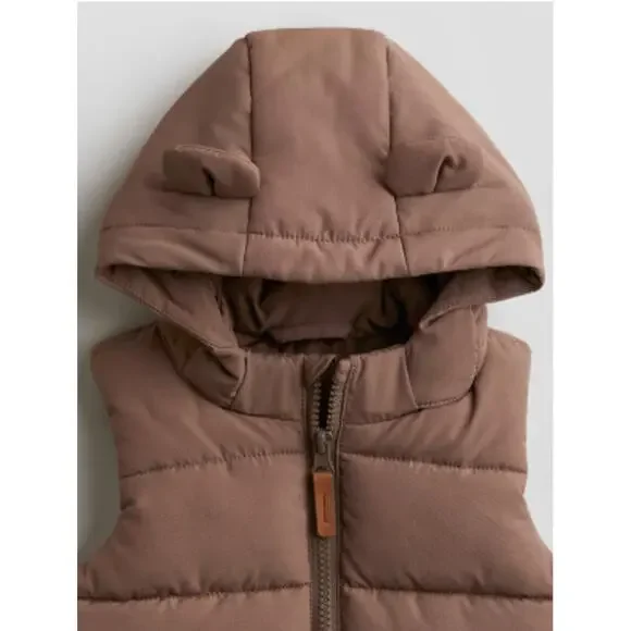 H&M Hooded Puffer Vest 18M Taupe Quilted Zip-Up Neutral Toddler - Picture 2 of 5